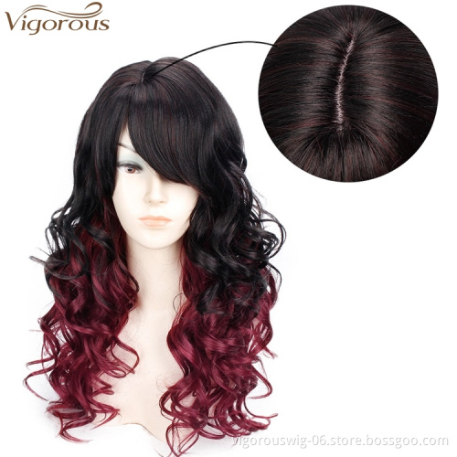 Vigorous Long Ombre Red Big Wave Synthetic Wigs for Women Side Parting with Bangs Heat Resistant Wavy Cosplay Wigs